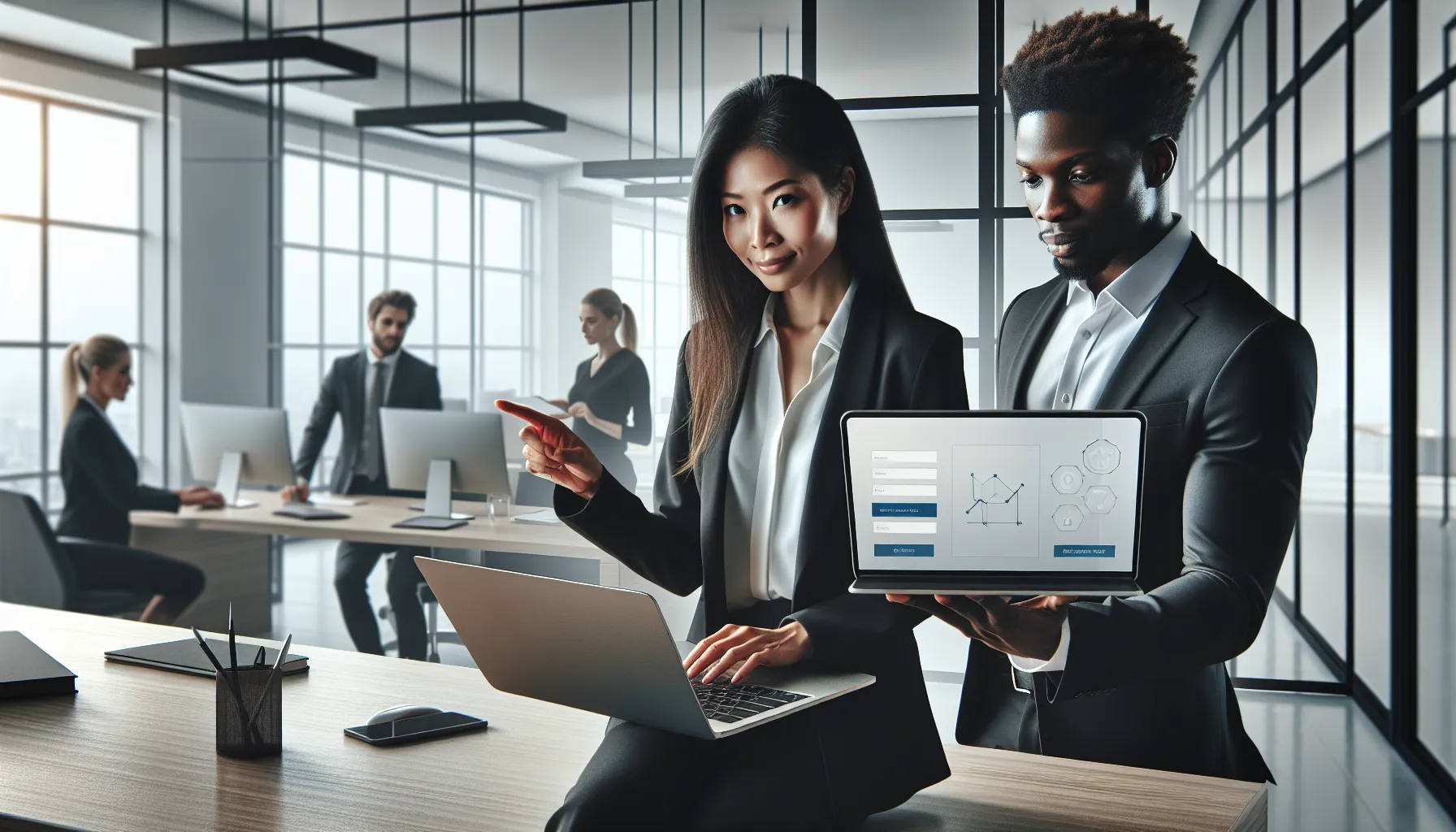 professionals collaborating while using the Cplsetu platform in a modern office.