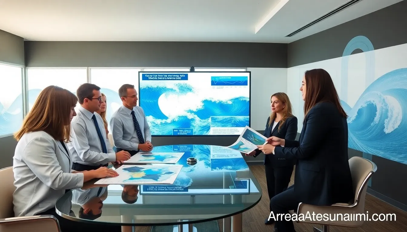 diverse team discussing tsunami science in a modern office.