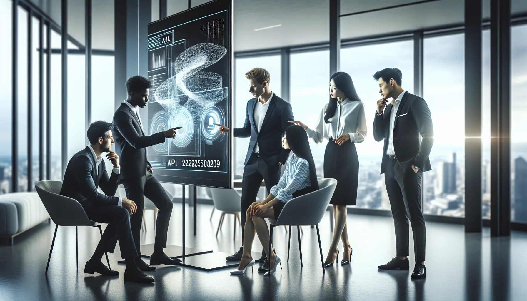 professionals discussing data identifiers in a modern office.