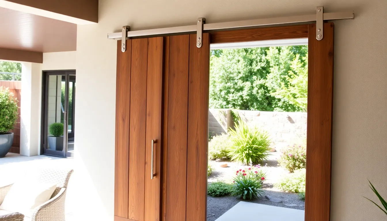 sliding barn door with hardware in an outdoor patio setting.