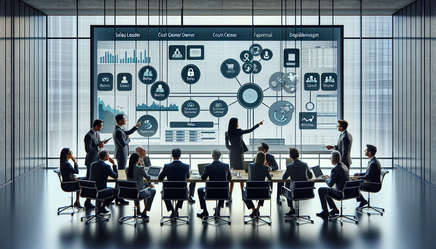 Analytics team reviews Power BI report bursting with personalized dashboards on a screen.