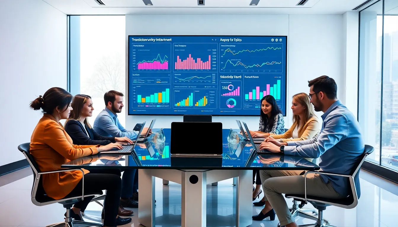 professionals discussing digital transition in a modern office setting.