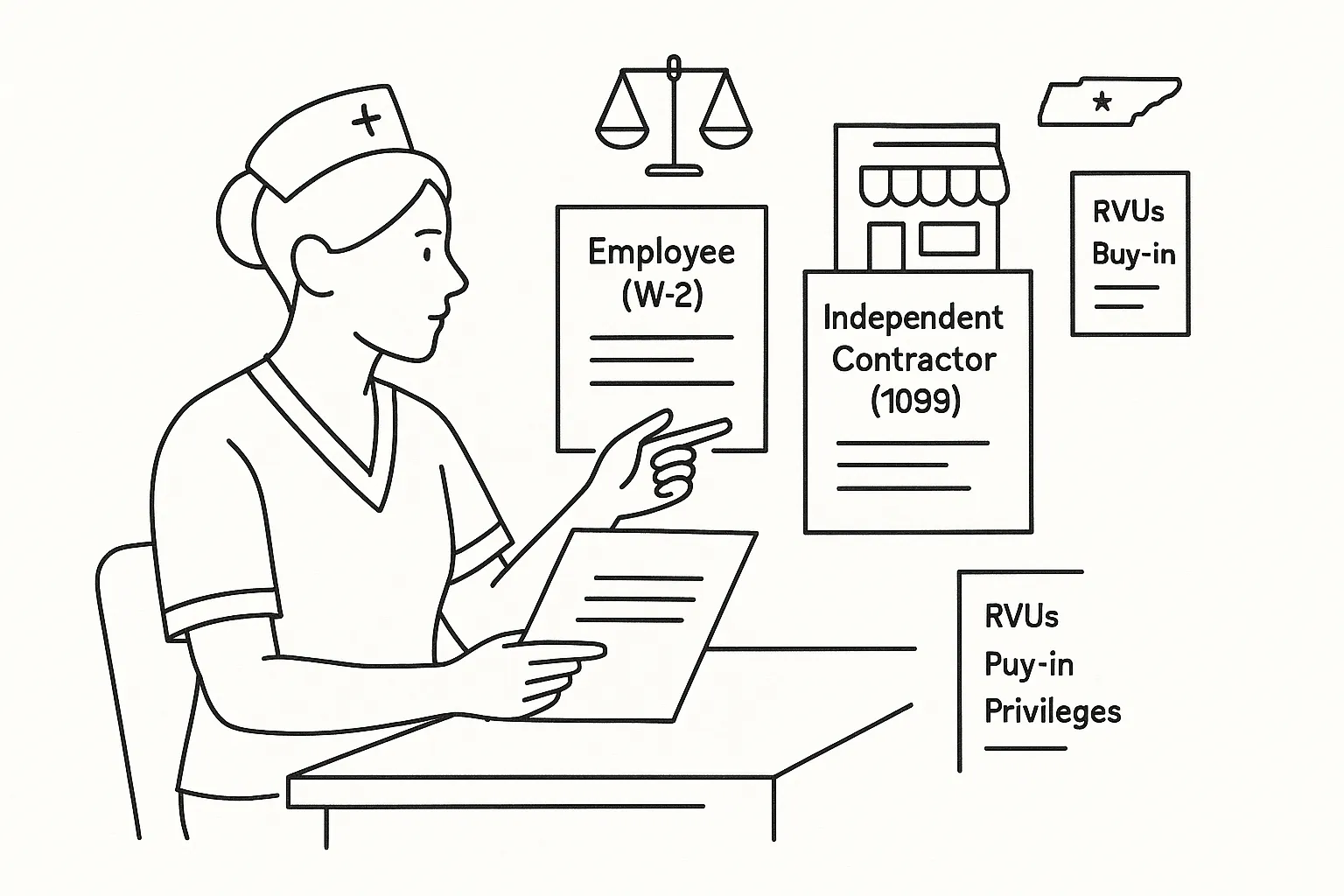 Nurse practitioner reviewing W‑2 and 1099 contracts with hospital and clinic icons of Tennessee Nurse Practitioner Contract Review.