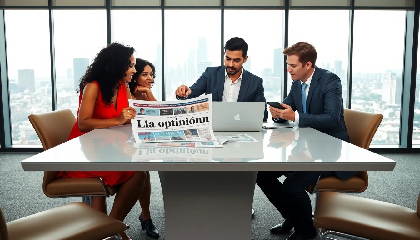 diverse team discussing La Opinión in a modern office.