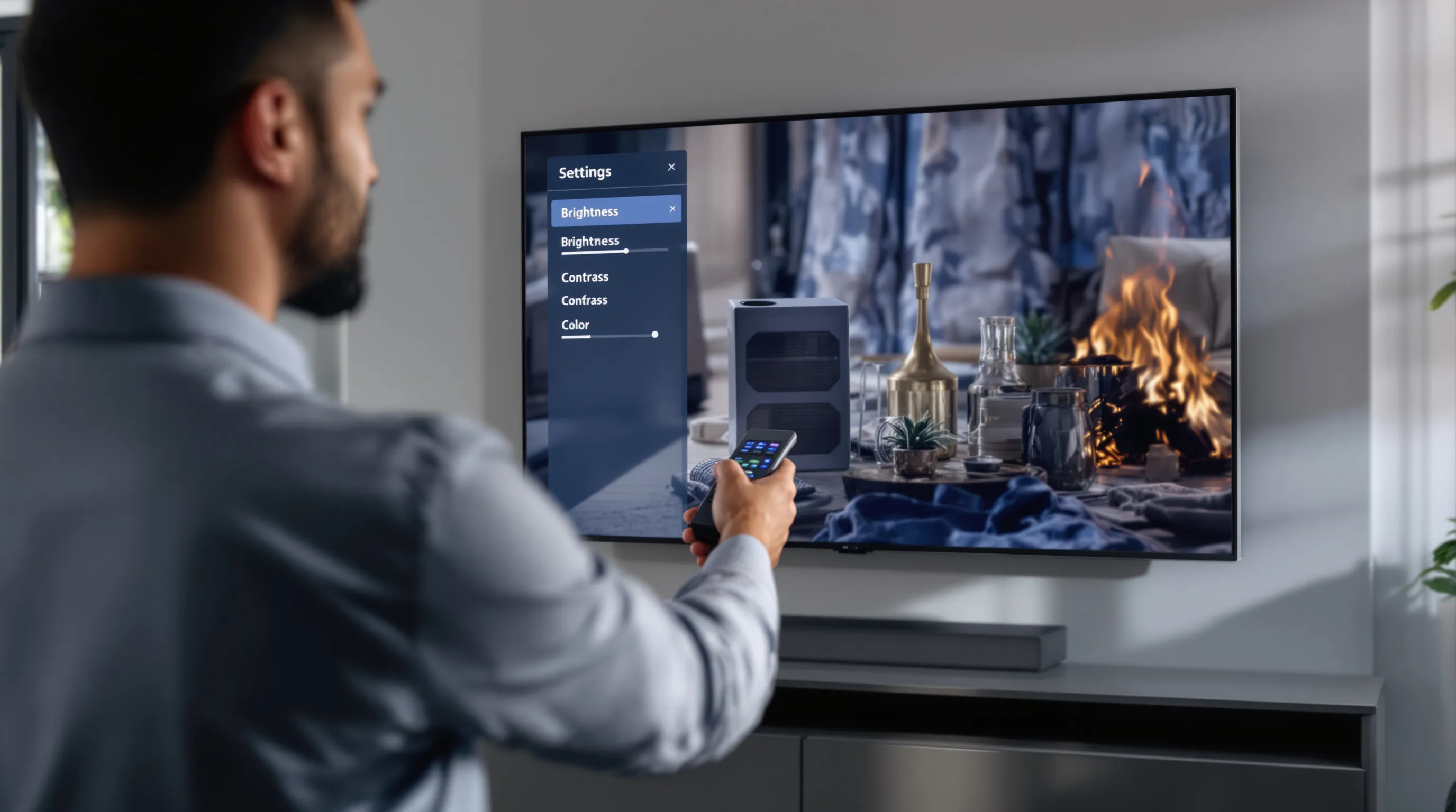 Technician adjusting TV picture settings in modern living room