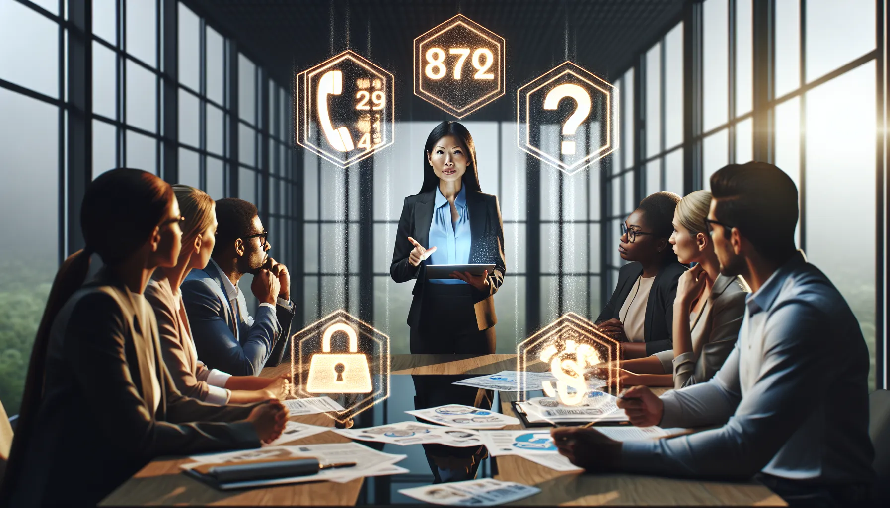 diverse team discussing reporting suspicious phone numbers in a modern office.