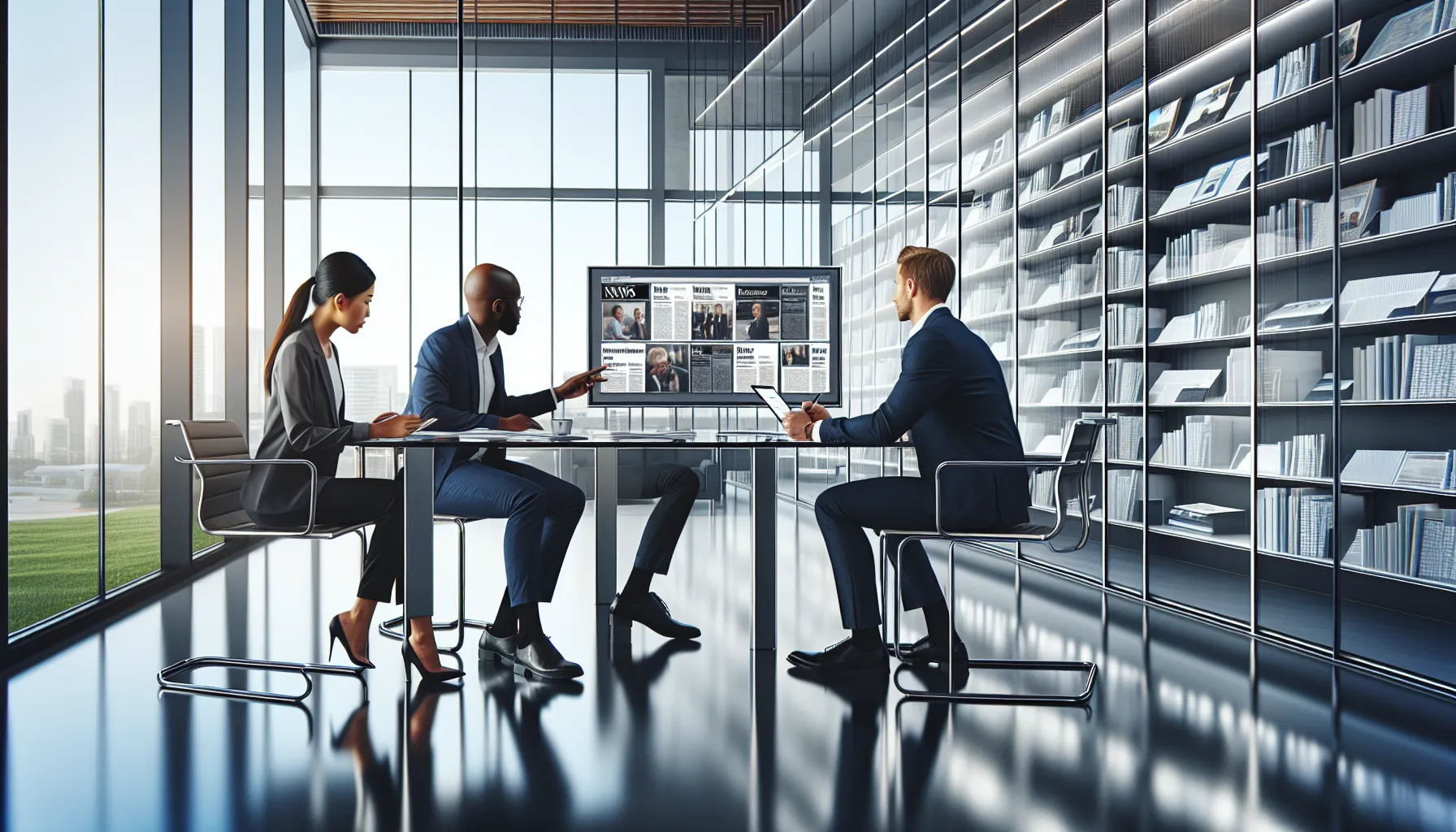 professionals discussing top news apps in a modern office setting.