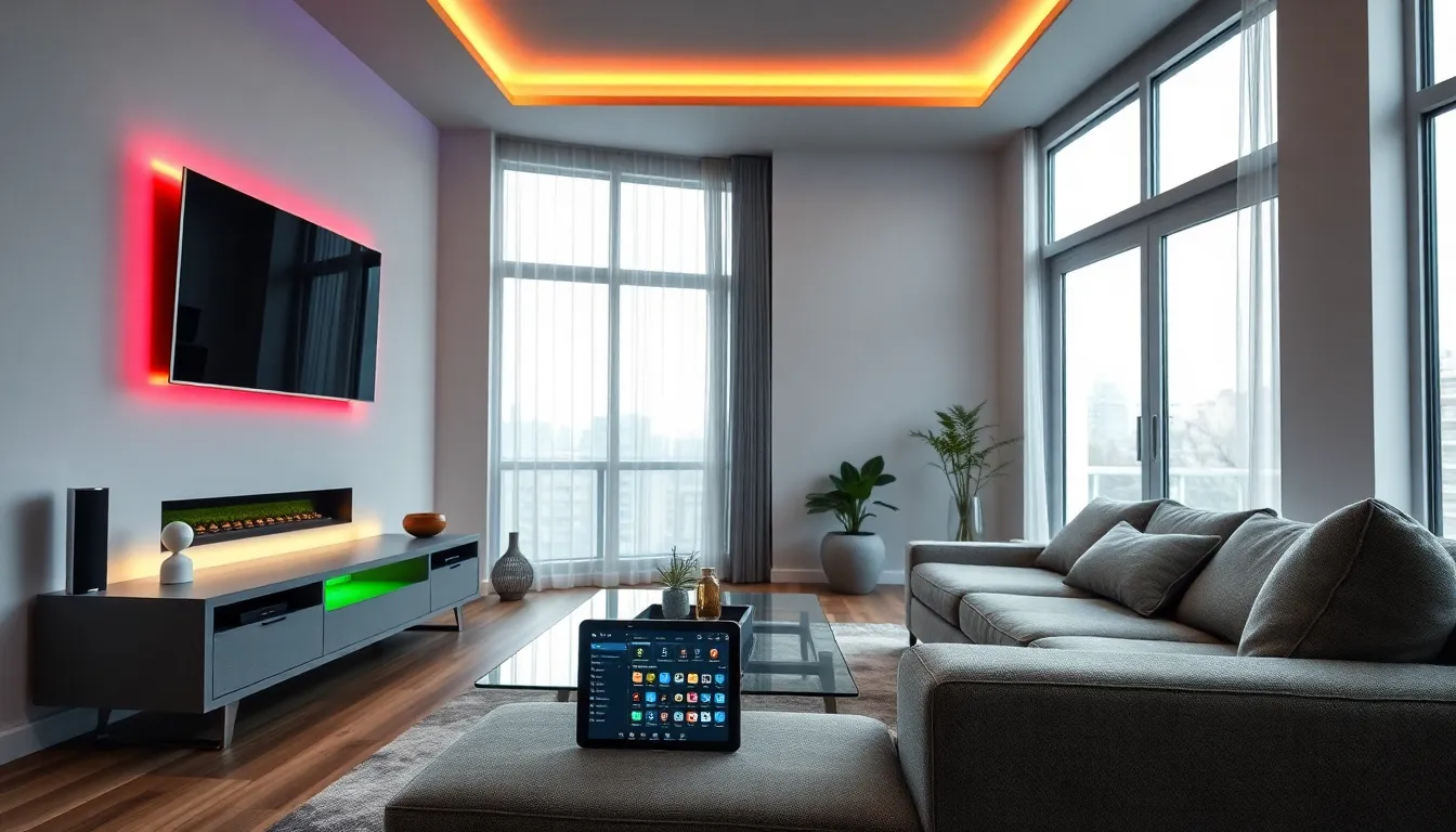 modern smart living room with integrated technology and ambient lighting.