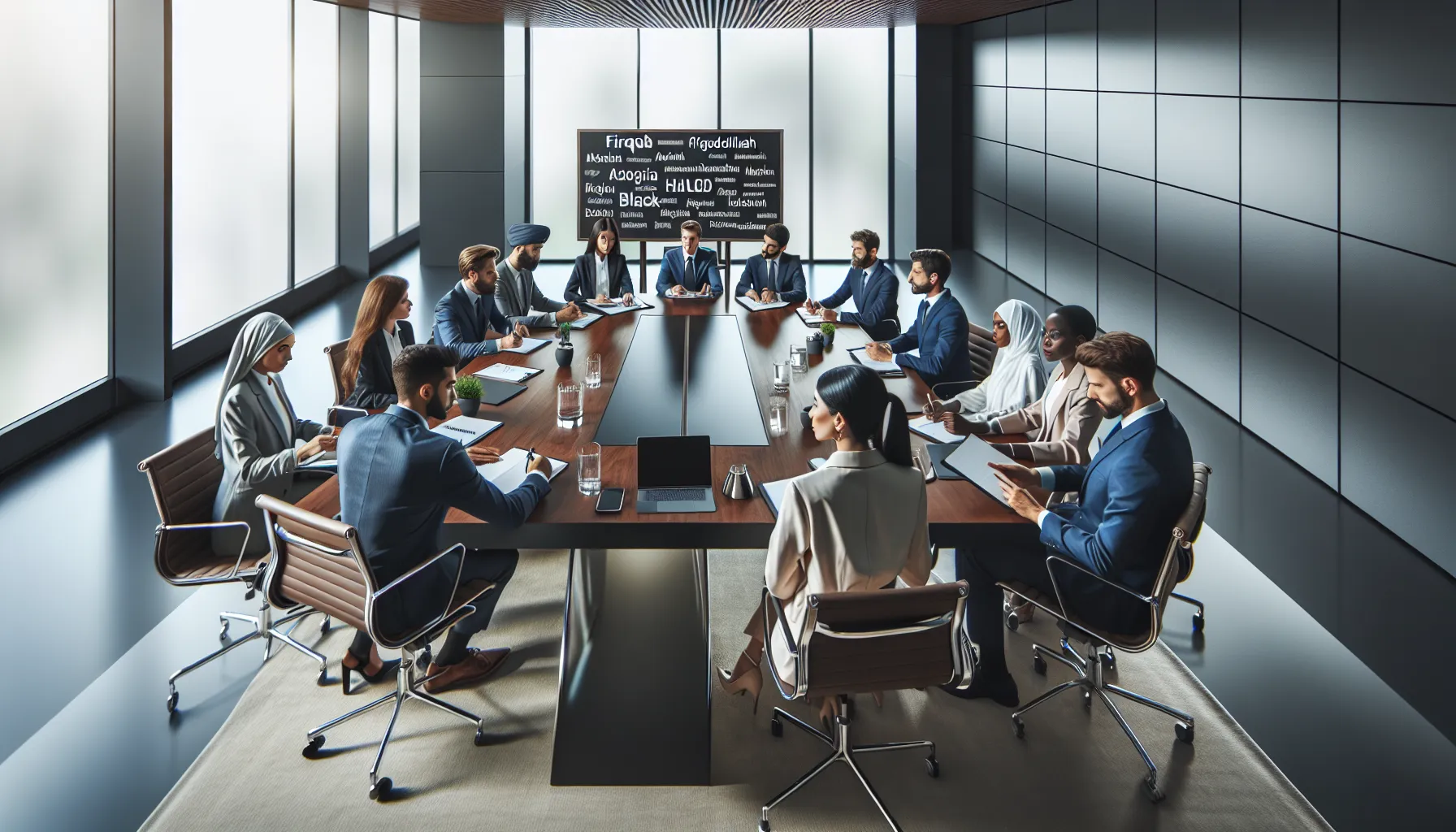 diverse professionals discussing Firqodollah in a modern office setting.