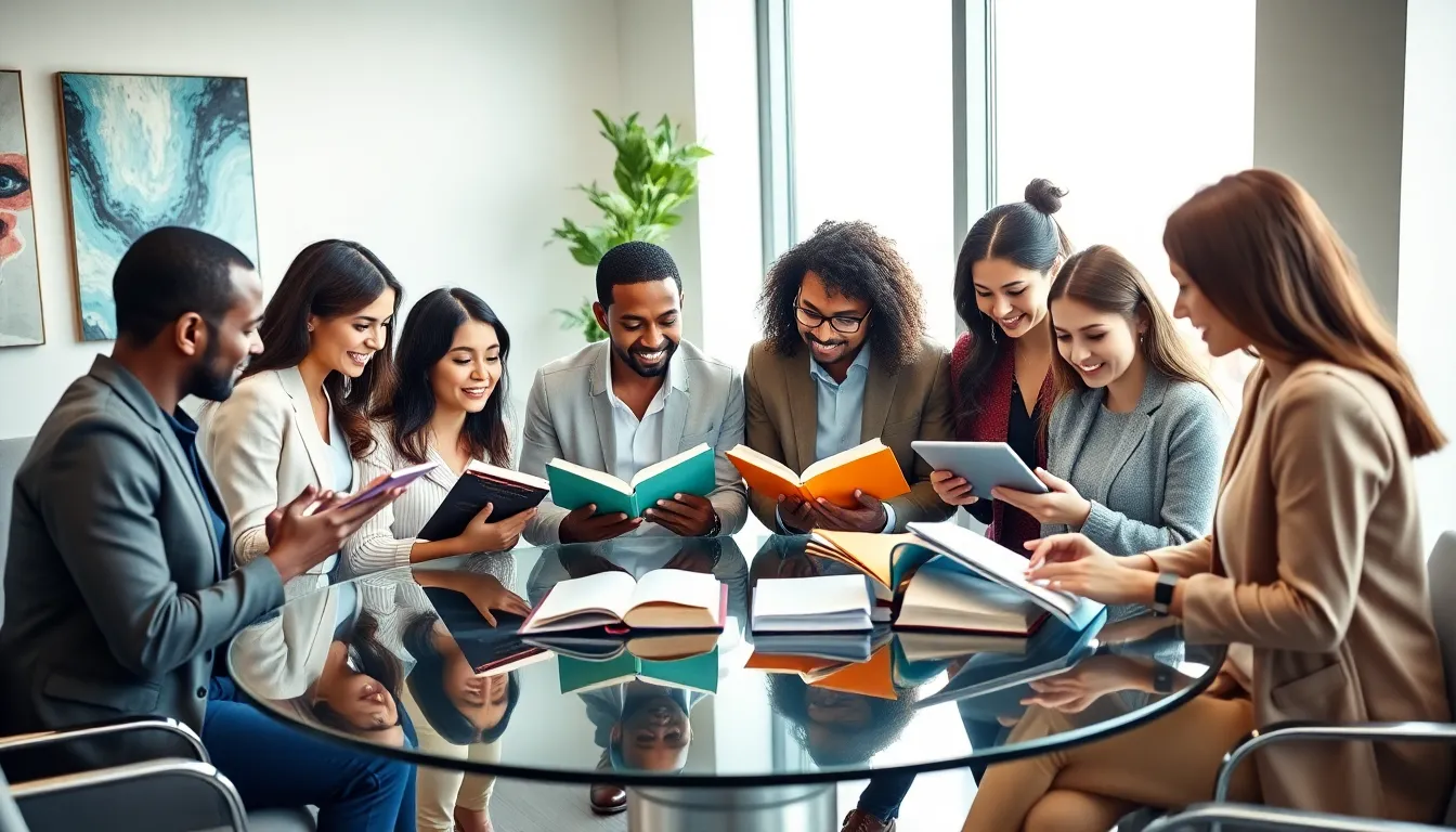 diverse professionals discussing books in a modern office.