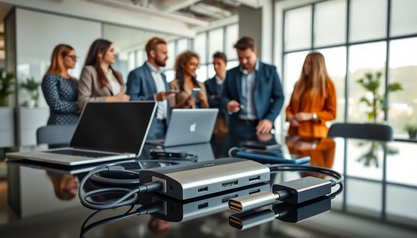 diverse professionals discussing USB gadgets in a modern office.