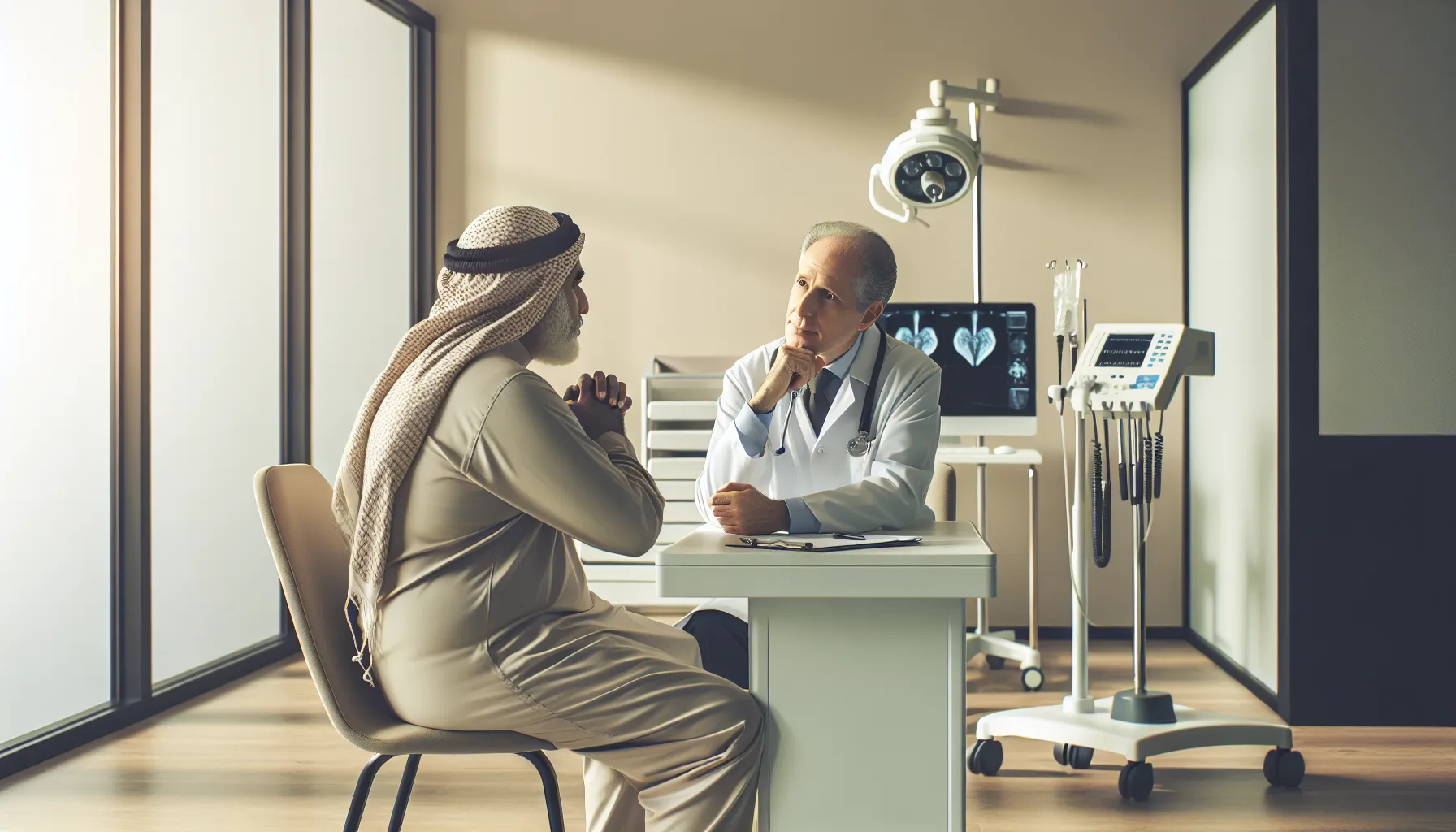 A patient consults with a doctor in a modern clinic setting.