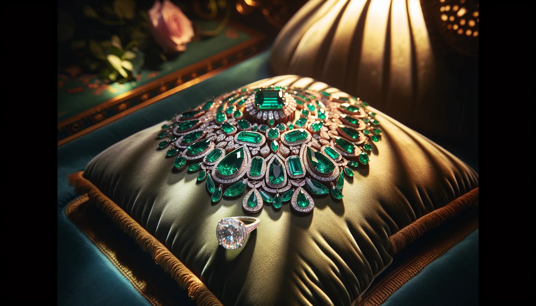 A display featuring an emerald necklace and a diamond ring on velvet.