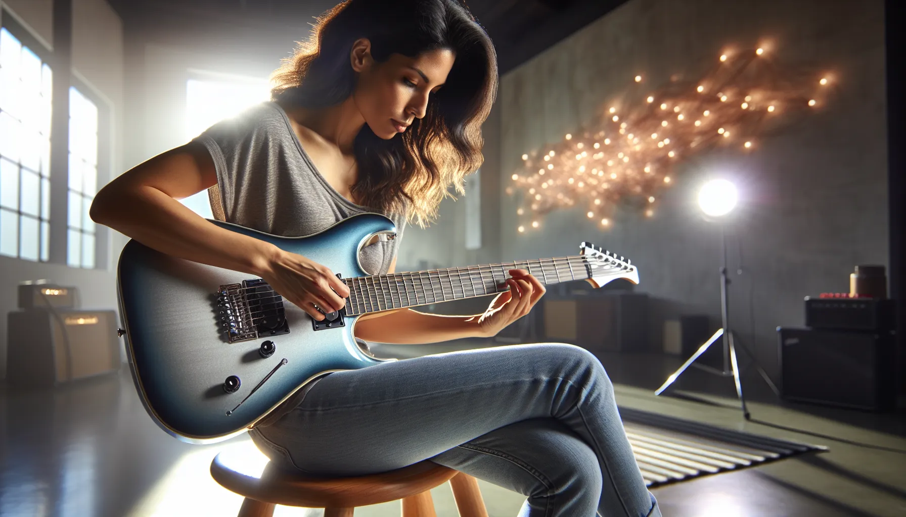 musician playing electric guitar in Open E tuning.