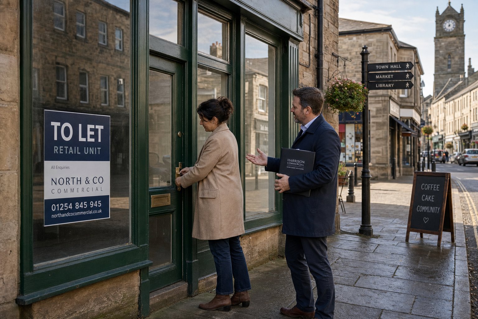 Business owner and mortgage advisor outside a vacant retail unit in a Lancashire town setting.