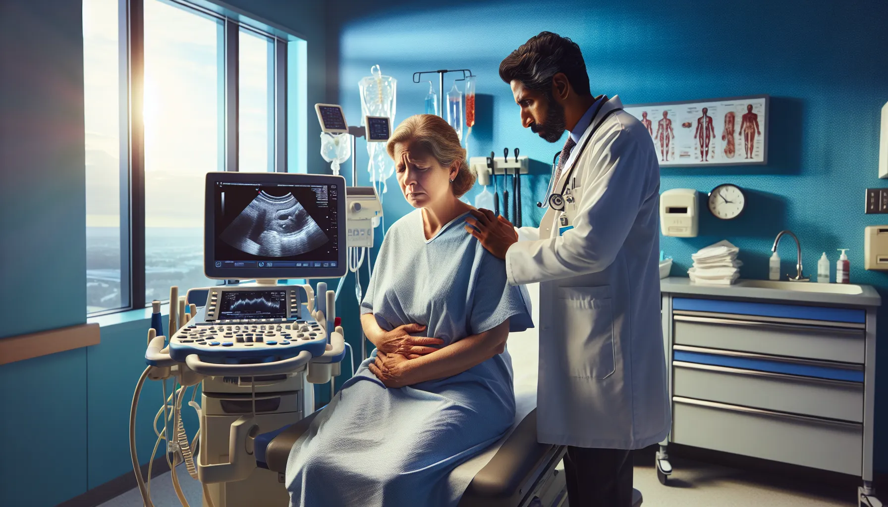 a female patient experiencing pain in a hospital room while consulting a doctor.