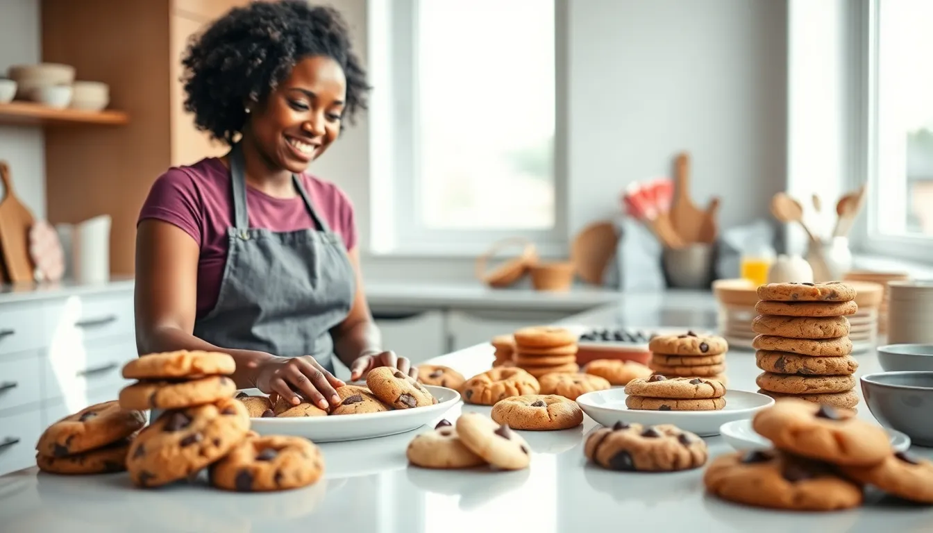 a baker presenting a variety of gourmet cookies in a modern kitchen.