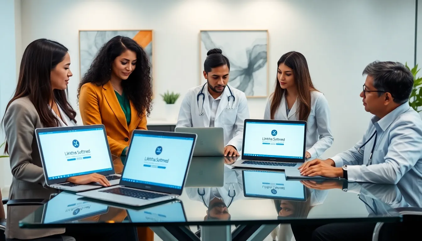 diverse professionals discussing Likhitha Softmed in a modern office.