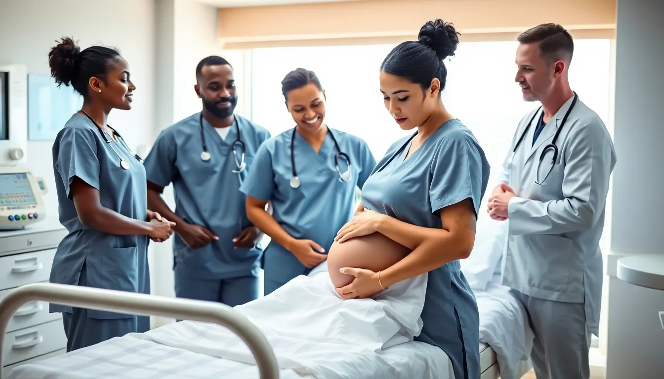 healthcare team assisting a mother in a bright, modern delivery room.