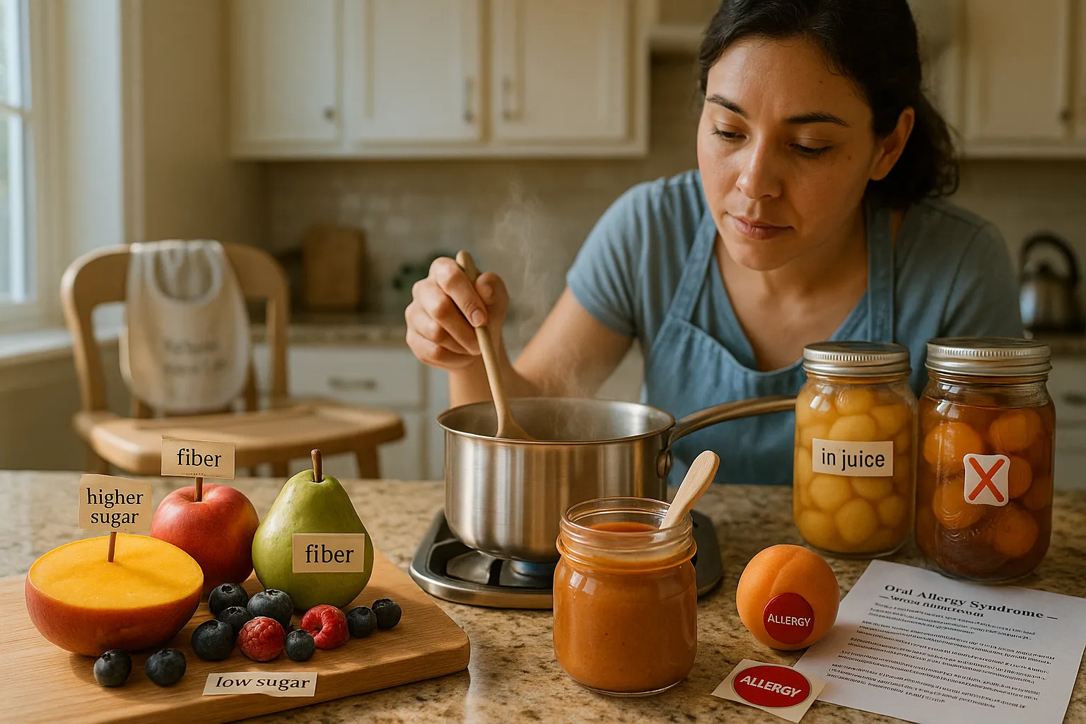 Parent preparing cooked plum purée with labeled fruit and allergy warning nearby.