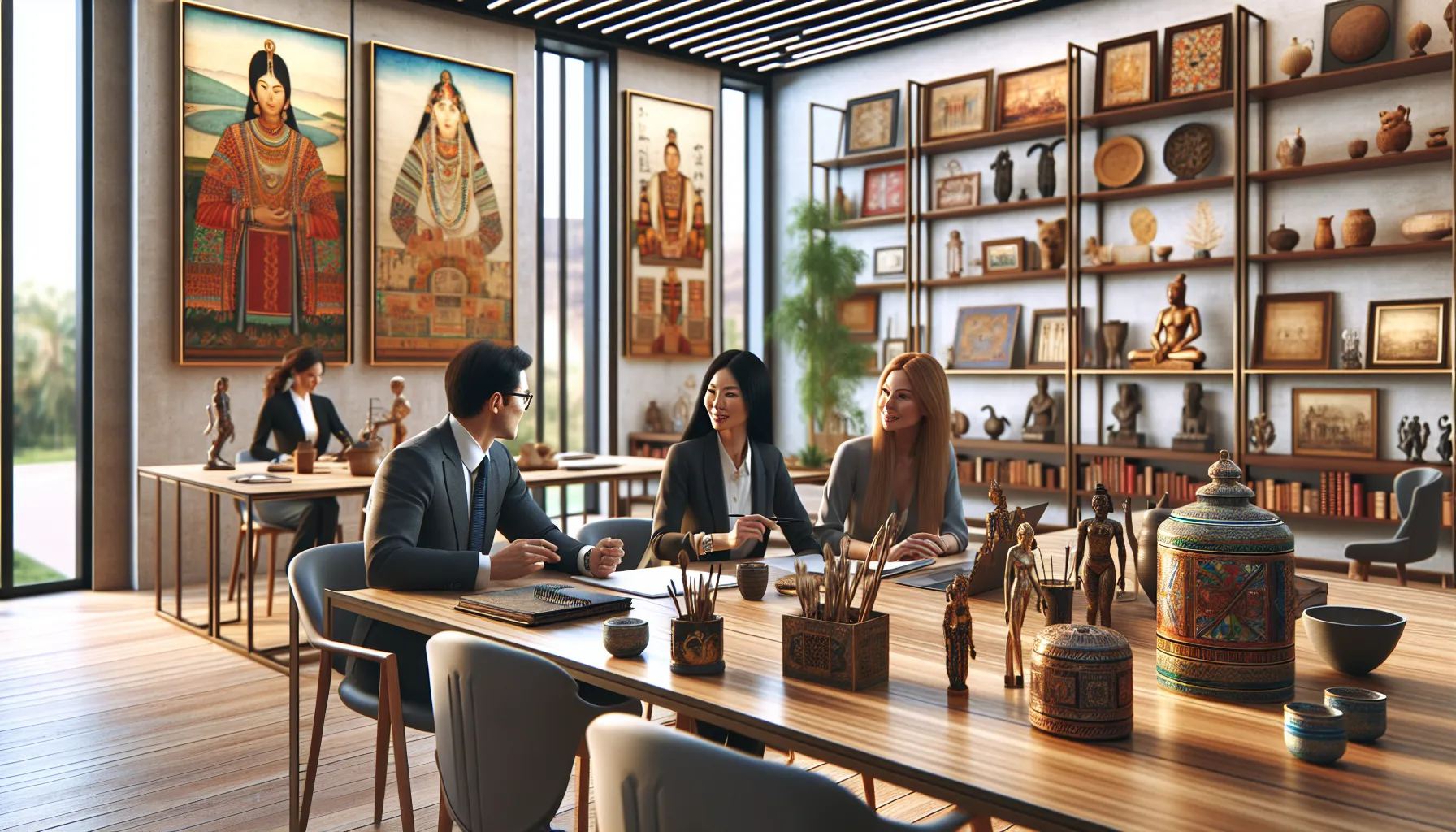 diverse team discussing cultural heritage in a modern office.