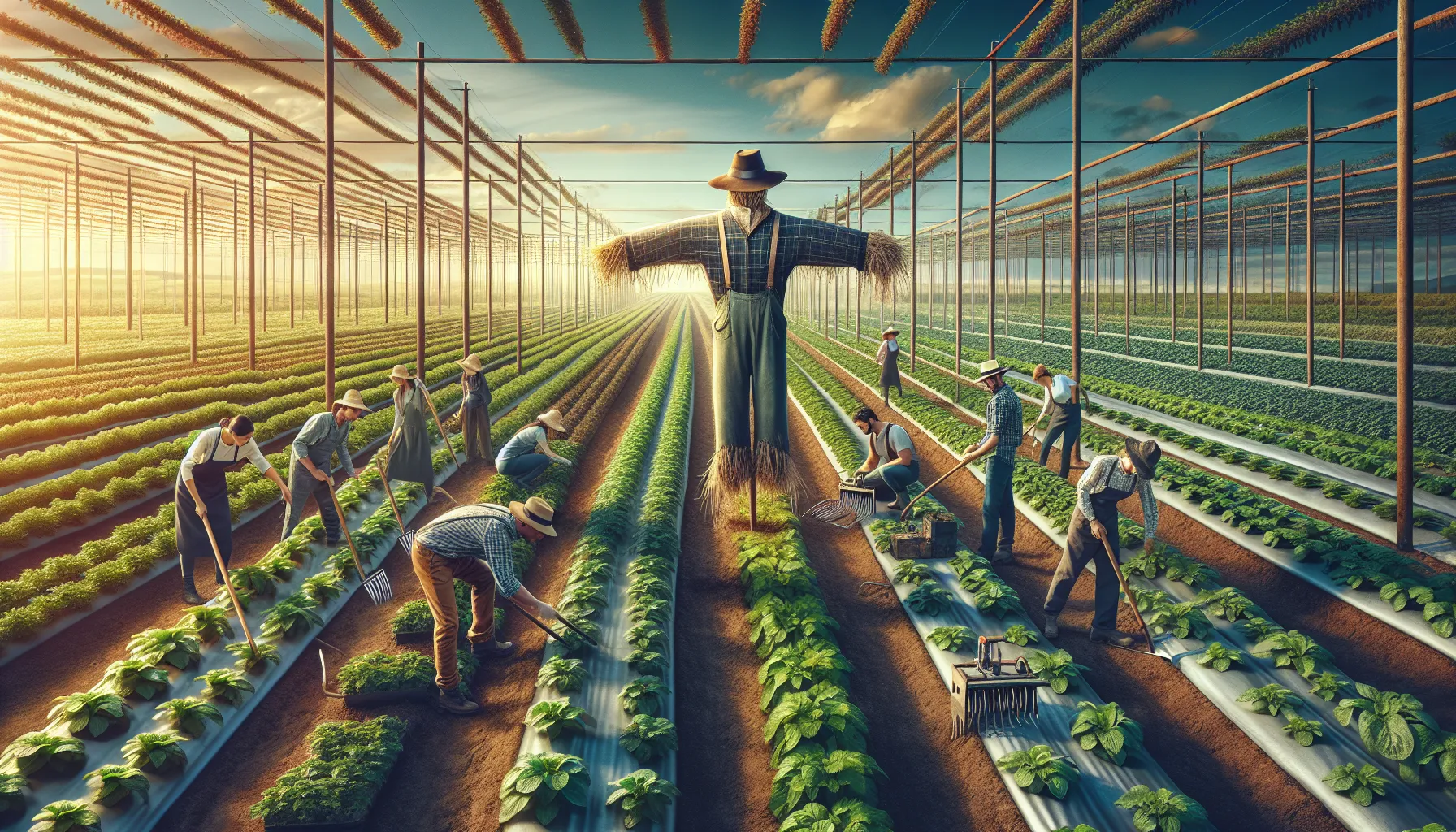 farmers tending crops with a scarecrow in the center.