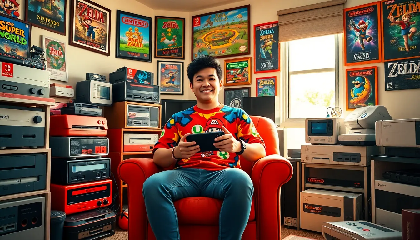A gamer playing Nintendo Switch in a nostalgic game room filled with memorabilia.
