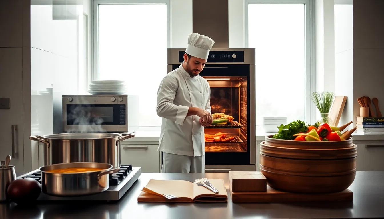 chef demonstrating basic cooking techniques in a modern kitchen.