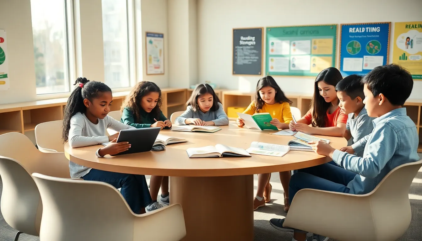 students collaborating on reading strategies in a modern classroom.
