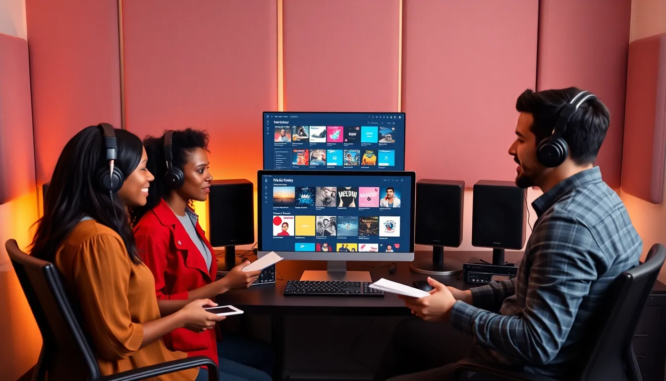 diverse professionals exploring digital music in a modern workspace.