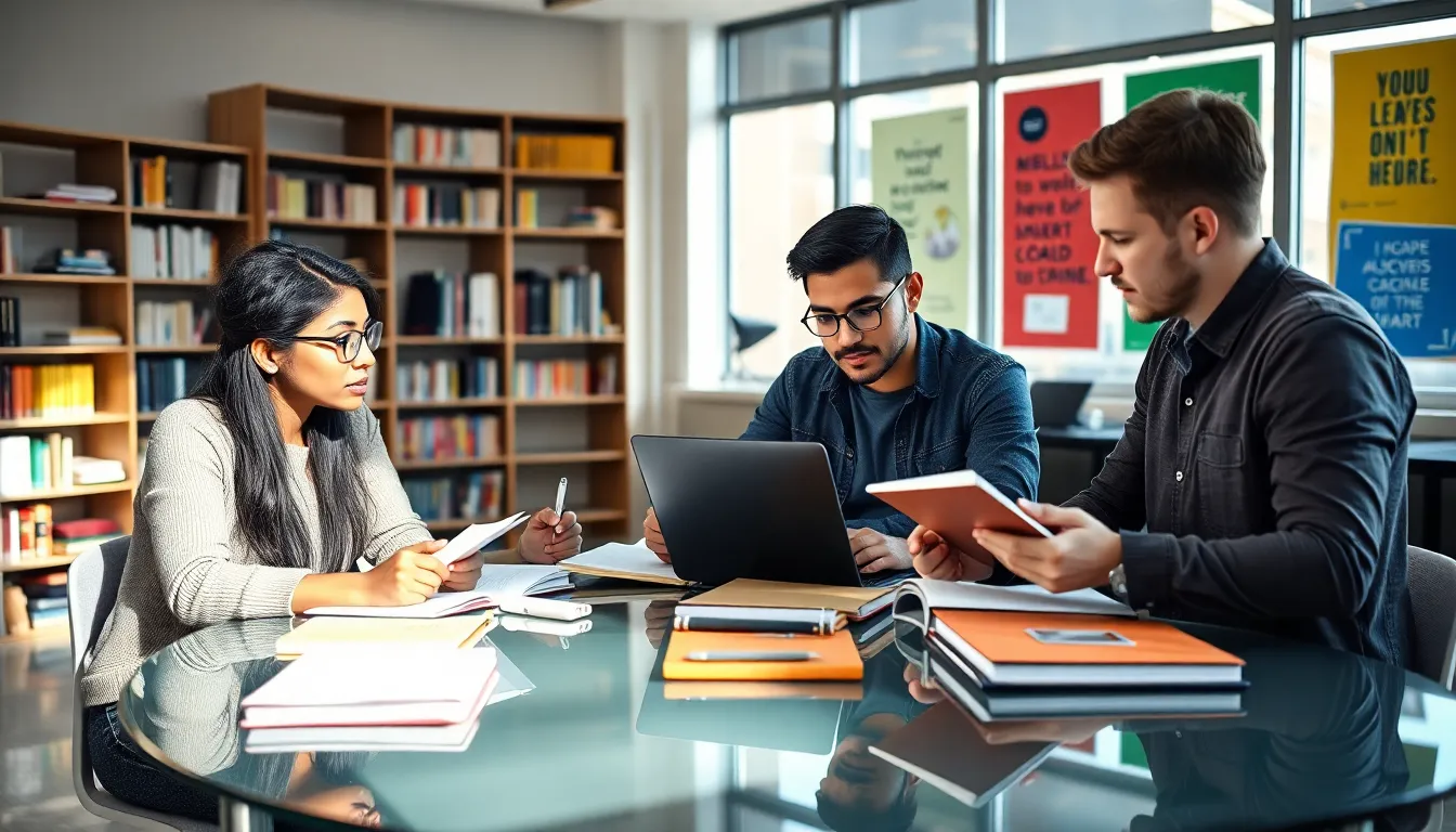 diverse students collaborating in a modern study space.