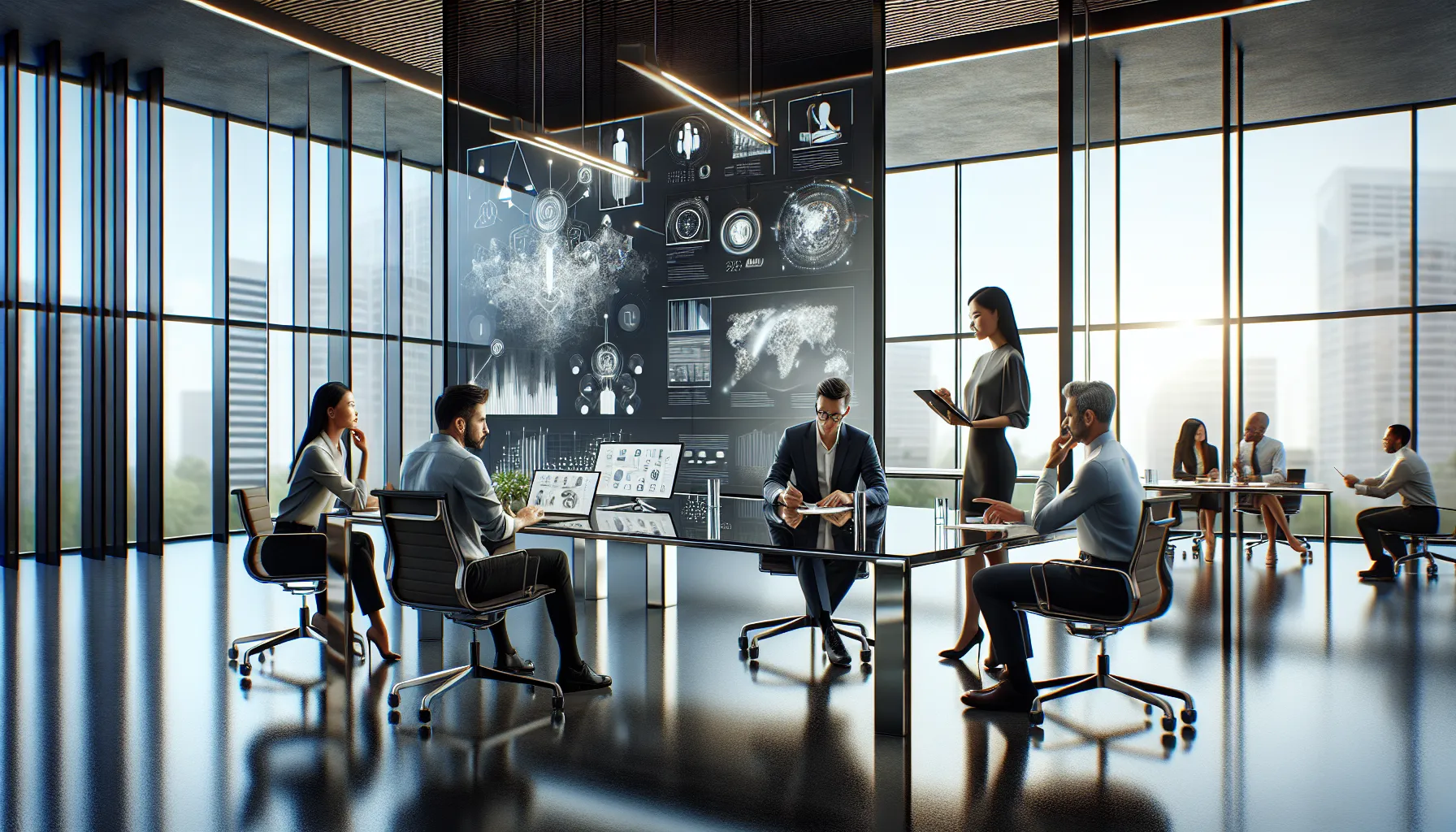 diverse professionals collaborating in a modern office setting.