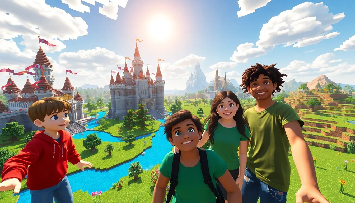 three Minecraft players collaborating on a colorful castle build.