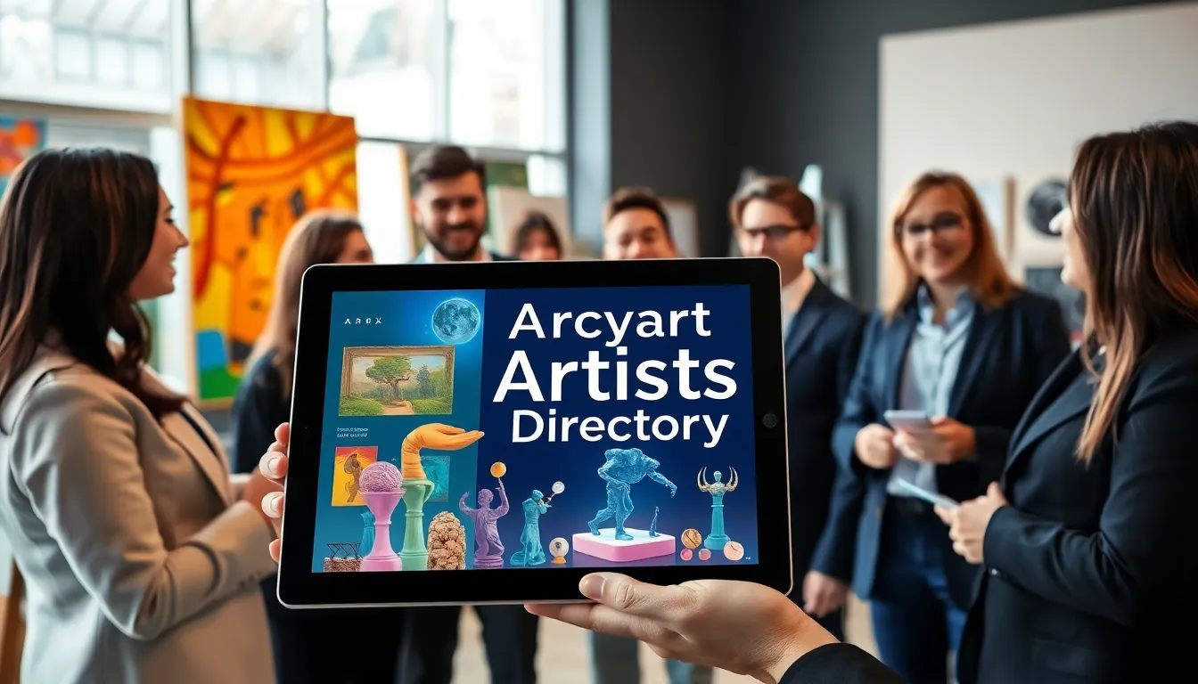 diverse artists engaging around a digital art directory.