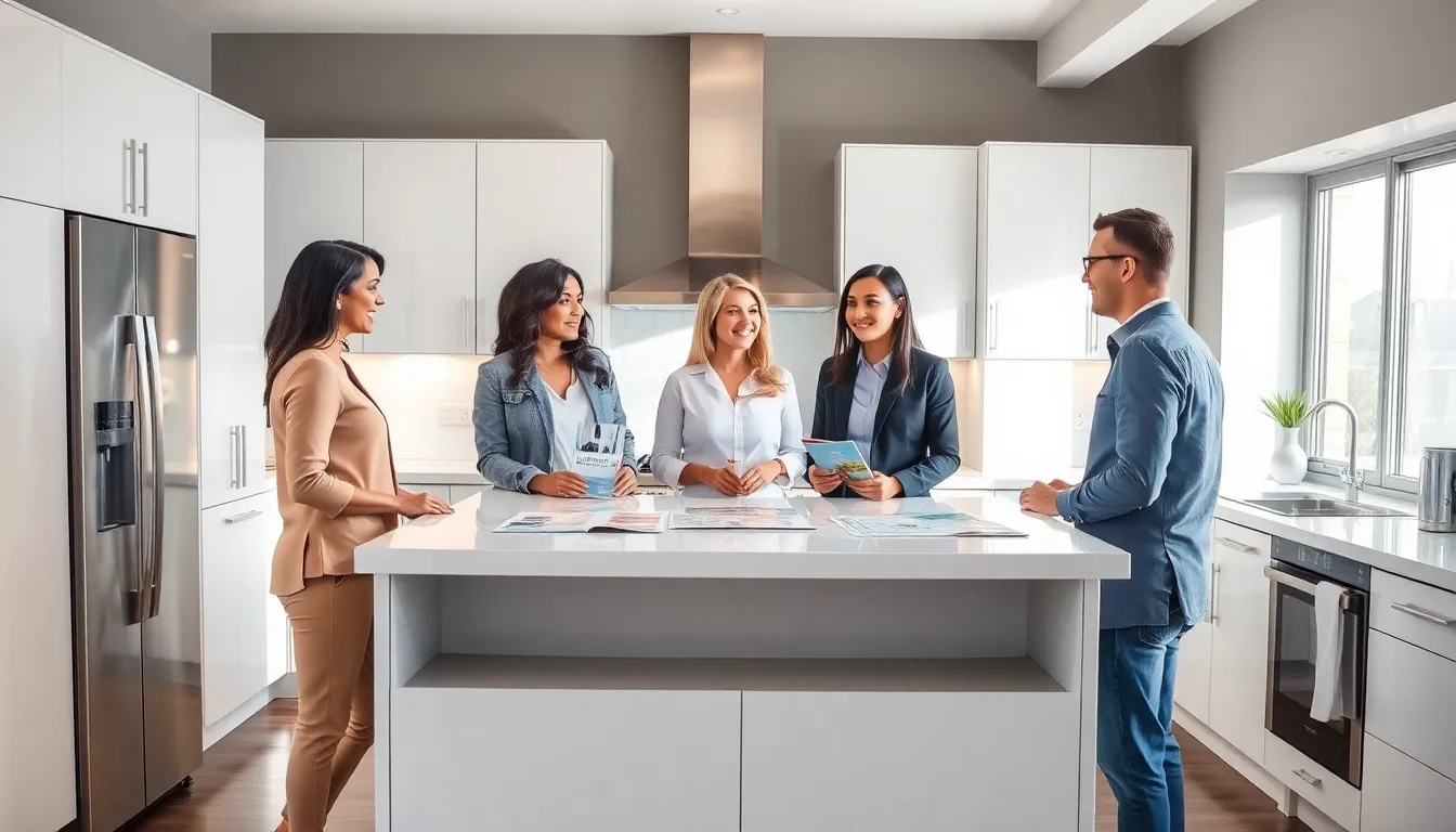 diverse professionals discussing discount appliances in a modern kitchen.