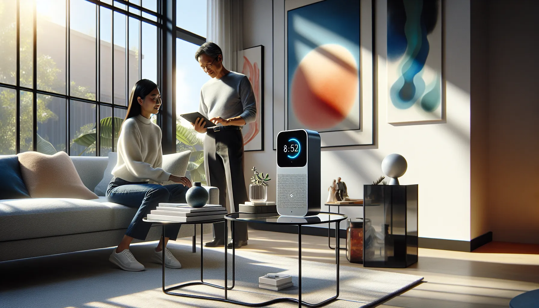 diverse group setting up an Orbi Satellite in a modern living room.