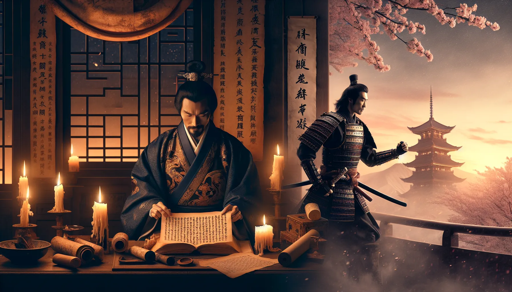 A split scene showing historical milestones in China and Japan.