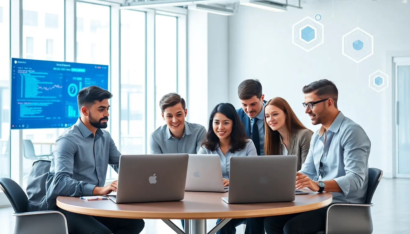 diverse team of developers collaborating in a modern office setting.