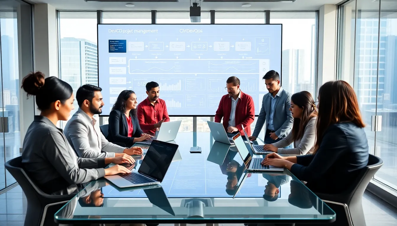 diverse team discussing DevOps project management in a modern office.