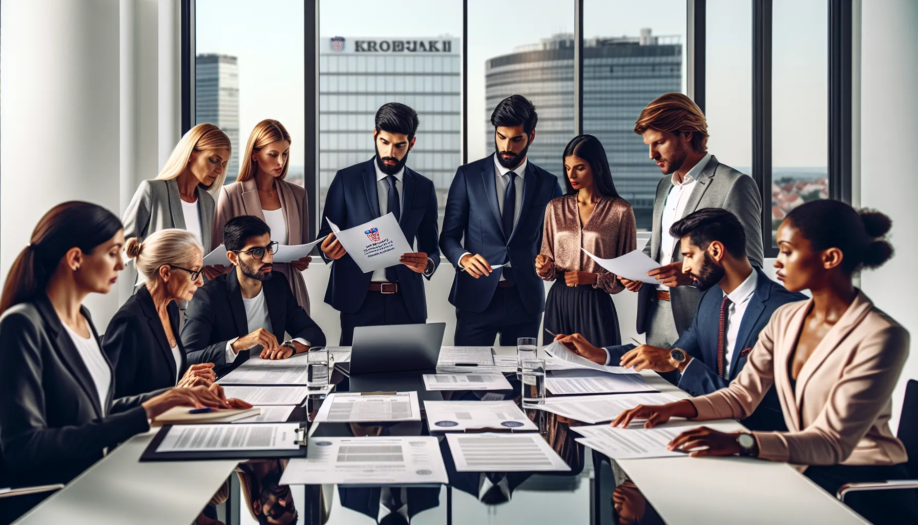 Croatian business professionals reviewing labor law documents in modern office setting