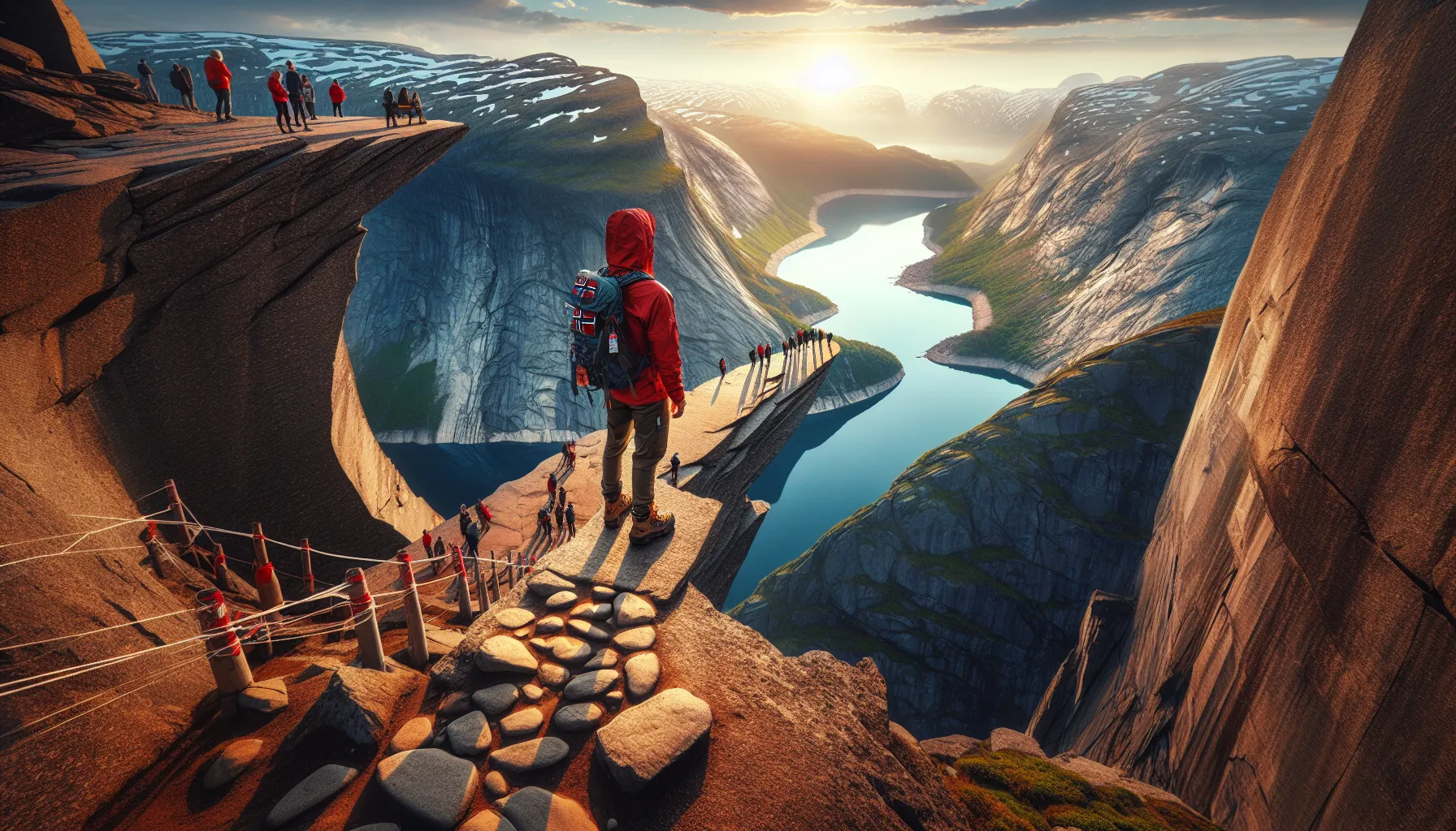 De mest ikoniske fjelltoppene å bestige i norge 2 Hikers on a dramatic norwegian mountain ledge overlooking a deep blue fjord at sunset.