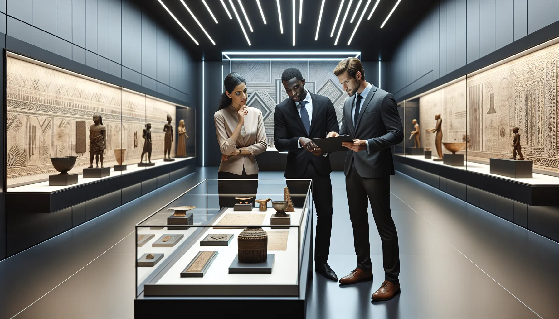 professionals discussing history in a contemporary museum setting.