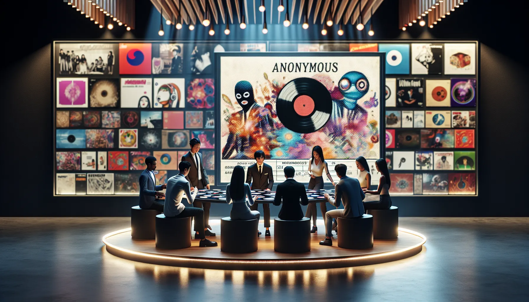 diverse group of collectors examining vinyl records in an art gallery setting.