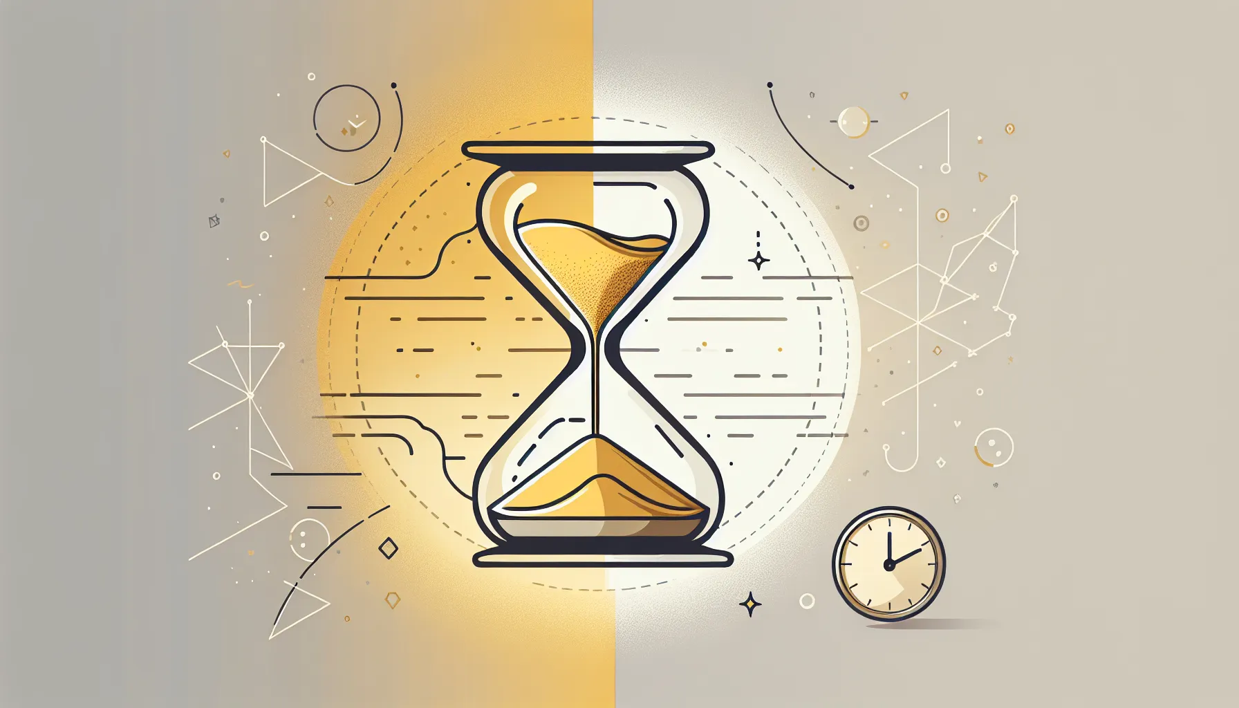 Minimalist hourglass with flowing sand and subtle map elements representing time and place
