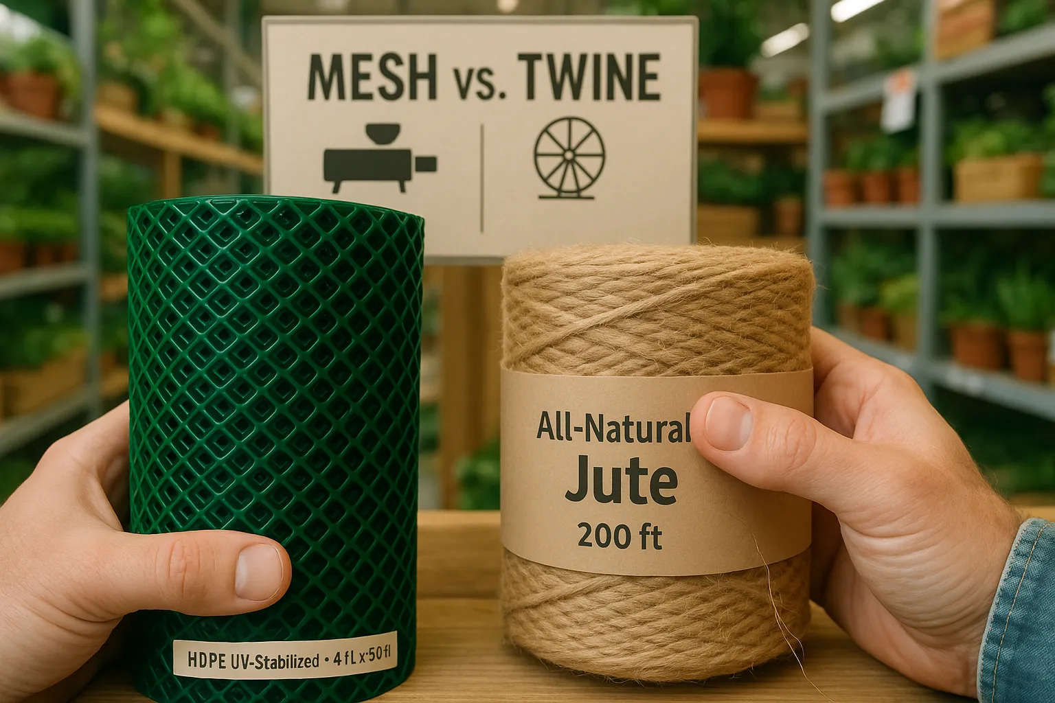 hand comparing green plastic mesh roll and natural jute twine spool