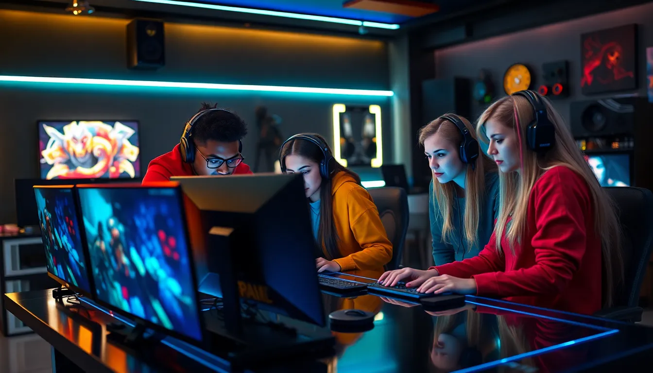 diverse gamers strategizing for a raid in a modern gaming lounge.