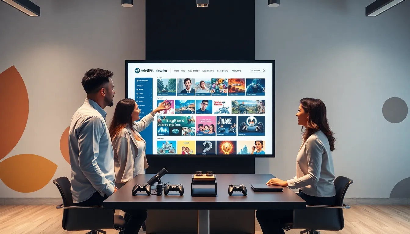 professionals exploring entertainment topics on a modern touchscreen
