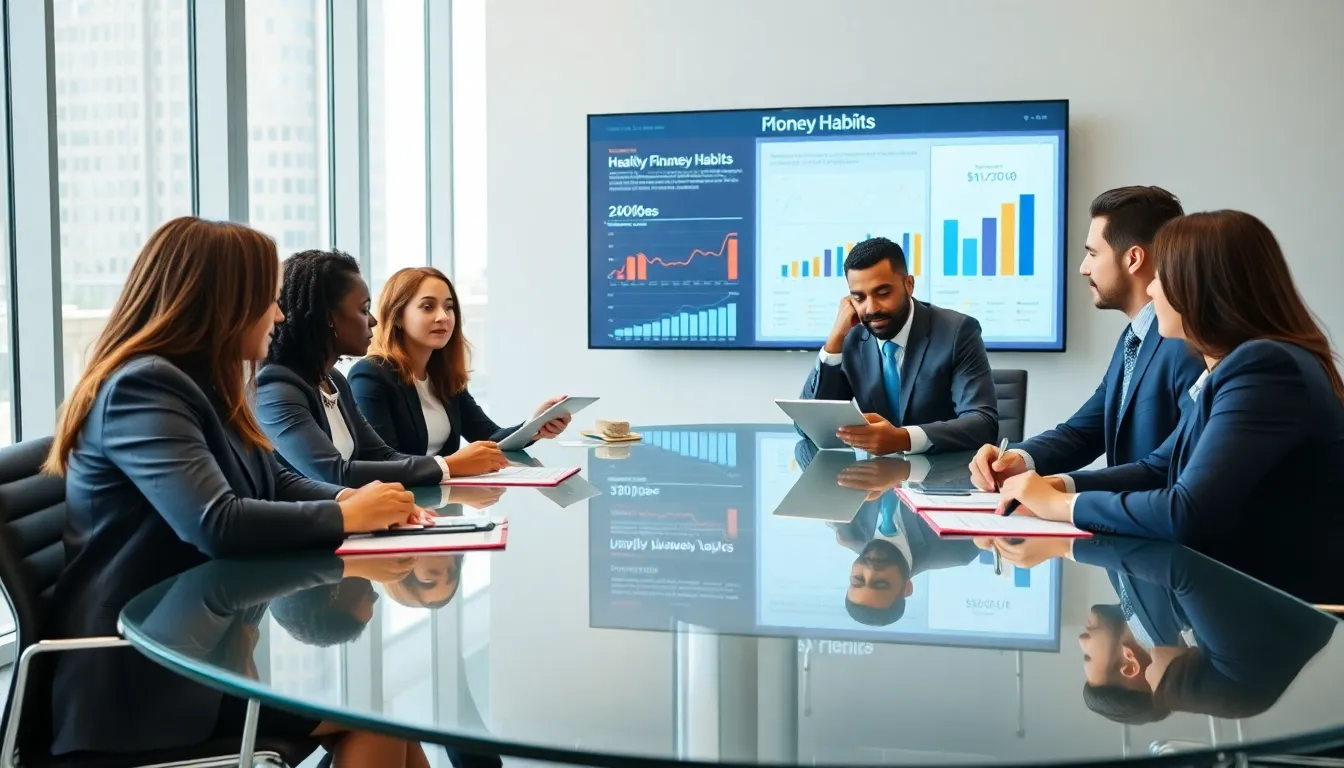 professionals discussing financial strategies in a modern office.