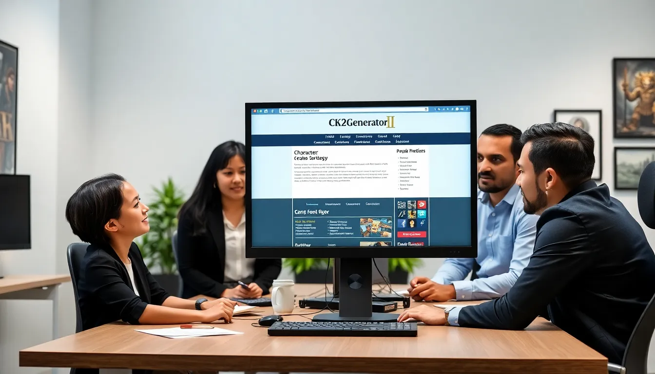 Professionals discussing character creation using CK2Generator website.