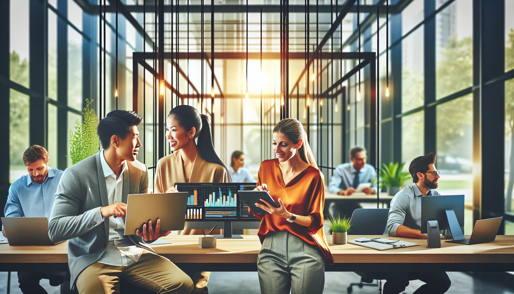 diverse professionals collaborating in a modern office setting.